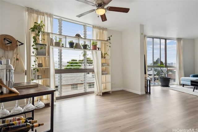 doorway to outside with floor to ceiling windows, ceiling fan, and light hardwood / wood-style floors