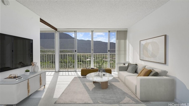 living room with a mountain view, a textured ceiling, light colored carpet, and expansive windows