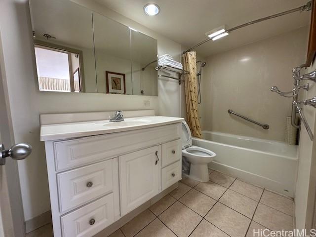 full bathroom with vanity, shower / tub combo, tile patterned flooring, and toilet