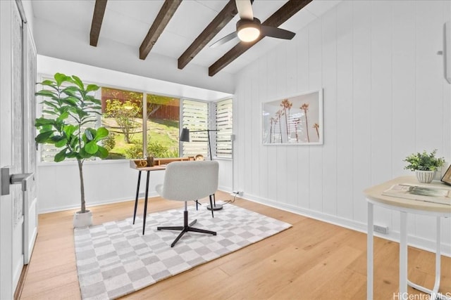 office space featuring vaulted ceiling with beams, light wood-type flooring, and ceiling fan