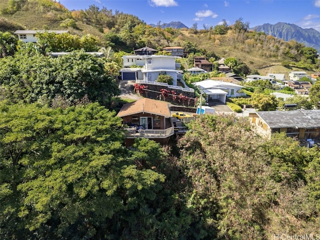 drone / aerial view featuring a mountain view