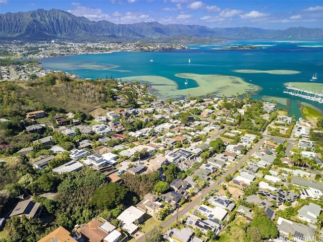 drone / aerial view featuring a water and mountain view