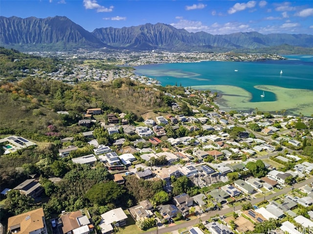 bird's eye view featuring a water and mountain view