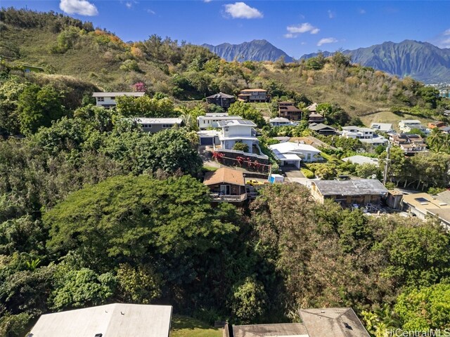 drone / aerial view featuring a mountain view