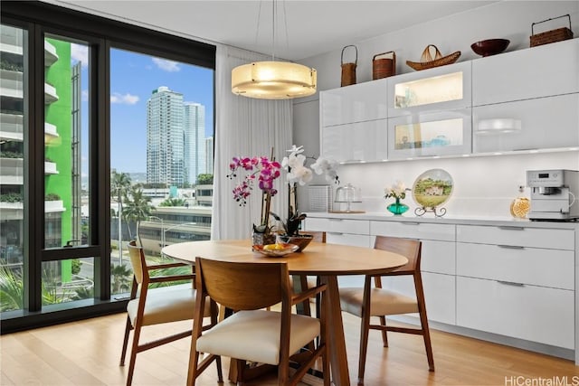 dining room with a wall of windows and light hardwood / wood-style flooring