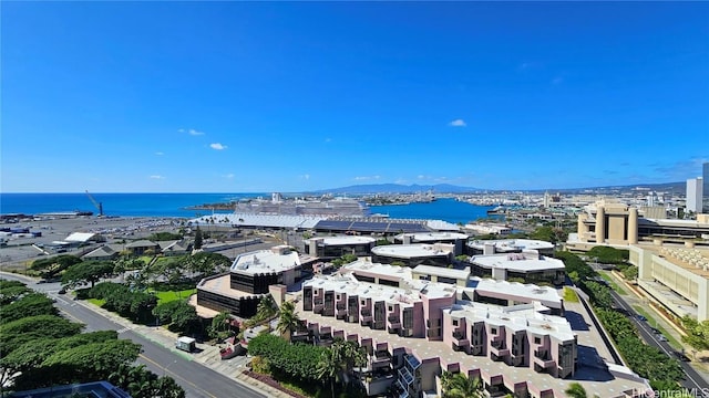 aerial view featuring a water view