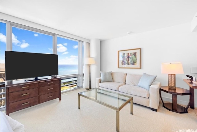 living room featuring light colored carpet