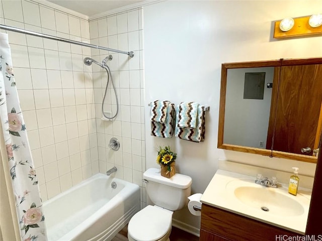 full bathroom featuring vanity, toilet, and shower / tub combo with curtain