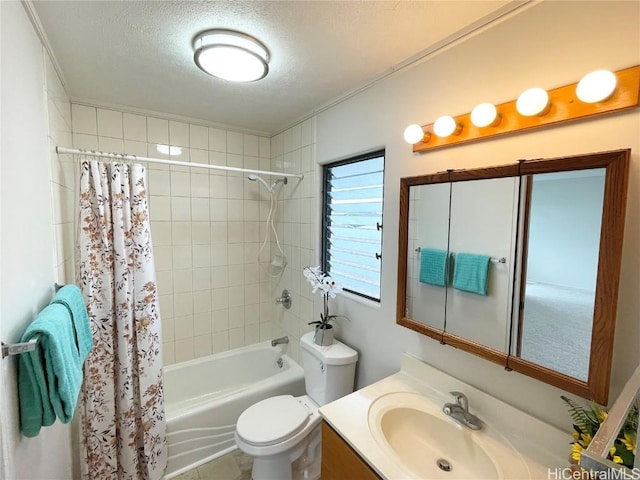 full bathroom with vanity, toilet, a textured ceiling, and shower / bath combo with shower curtain