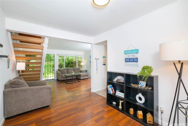 living room with dark wood-type flooring