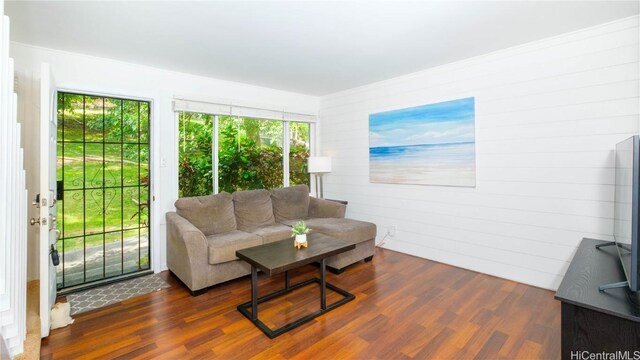 living room with dark hardwood / wood-style flooring