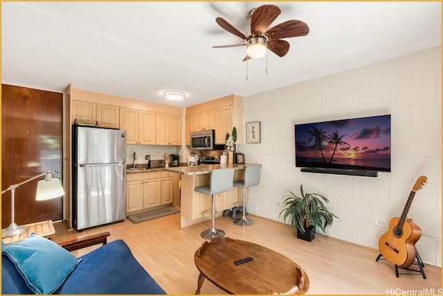 living room with ceiling fan, light hardwood / wood-style floors, and sink