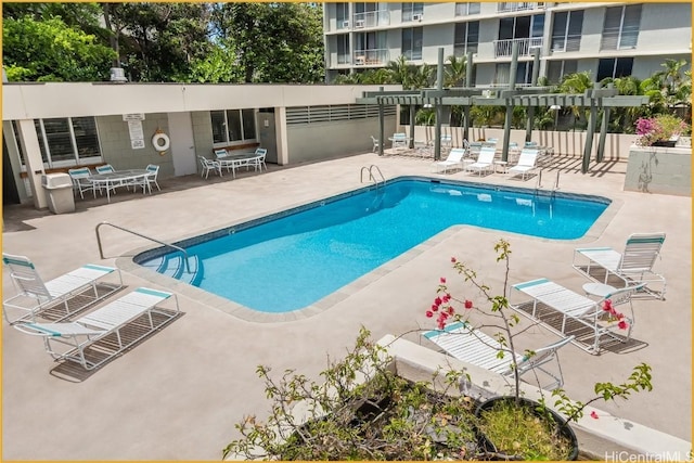 view of swimming pool featuring a pergola and a patio