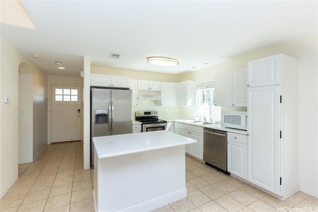 kitchen with sink, a center island, white cabinetry, and appliances with stainless steel finishes