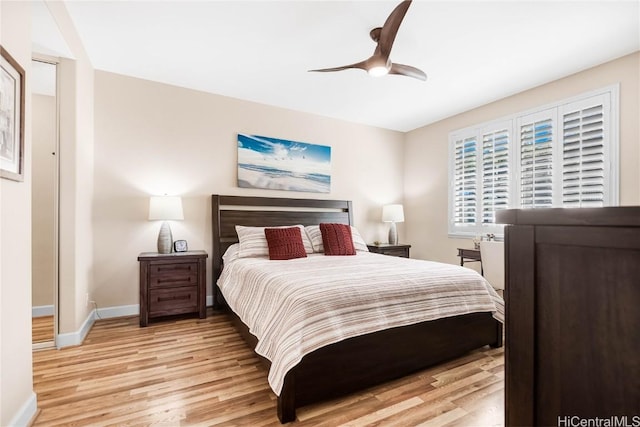 bedroom featuring ceiling fan and light wood-type flooring