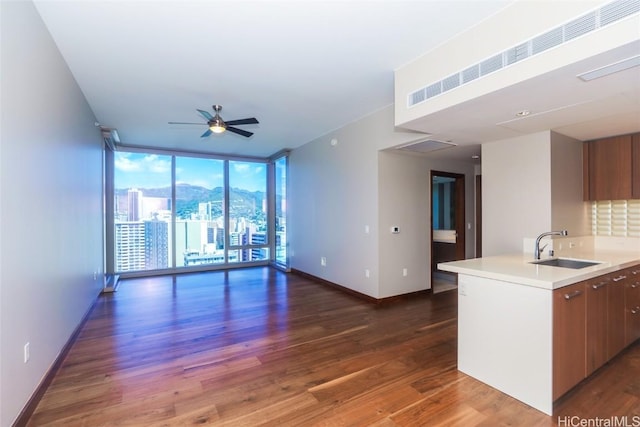 kitchen with expansive windows, ceiling fan, dark hardwood / wood-style floors, and sink