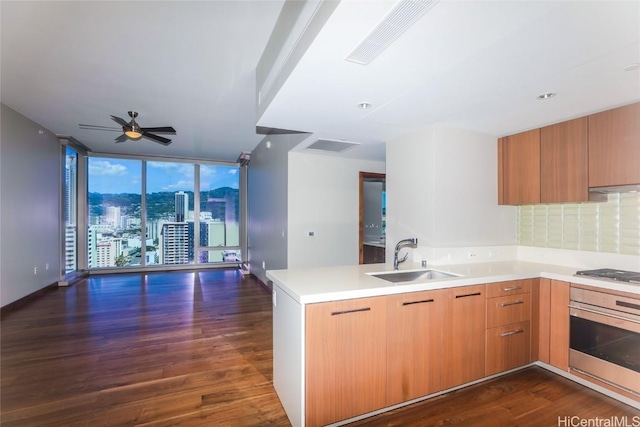 kitchen with sink, dark wood-type flooring, stainless steel appliances, expansive windows, and kitchen peninsula