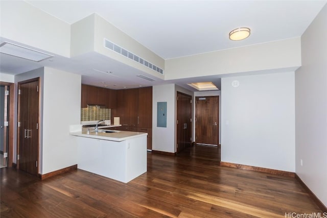 kitchen featuring dark wood-type flooring, sink, electric panel, and kitchen peninsula