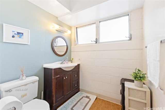 bathroom with vanity, toilet, and hardwood / wood-style floors