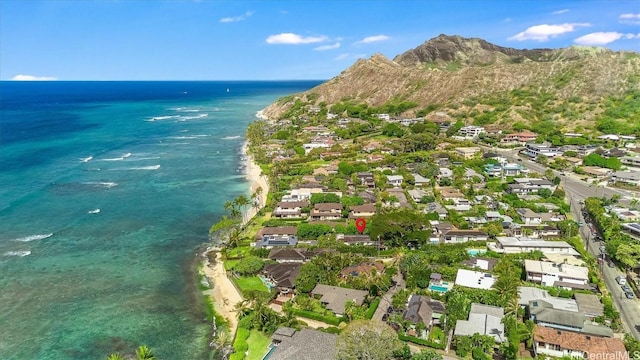 bird's eye view featuring a water and mountain view