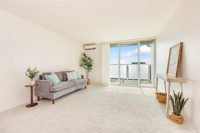 carpeted living room with floor to ceiling windows and a wall mounted AC