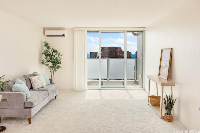 living room featuring carpet and a wall mounted air conditioner