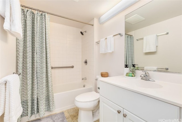 full bathroom with toilet, vanity, tile patterned floors, and shower / bathtub combination with curtain