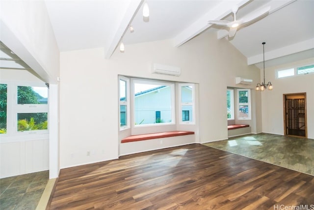 interior space with beamed ceiling, dark hardwood / wood-style flooring, high vaulted ceiling, and a wall mounted air conditioner