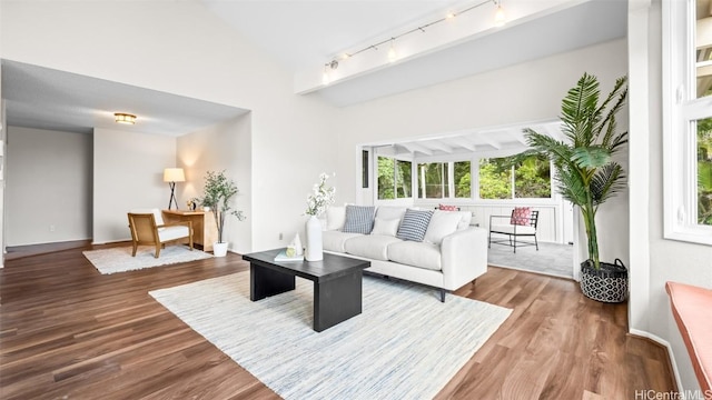 living room with wood finished floors and track lighting