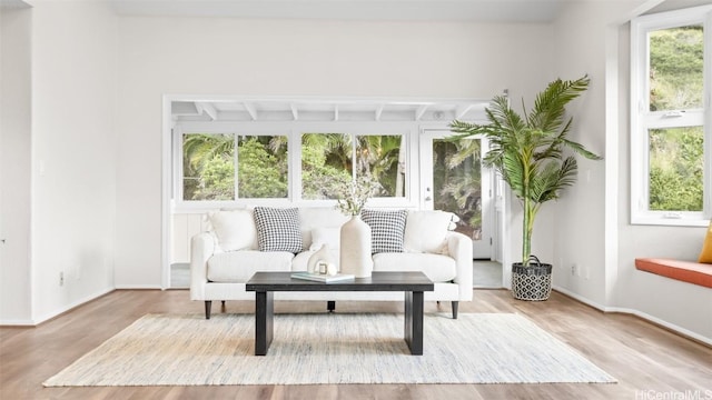 sitting room with baseboards and wood finished floors