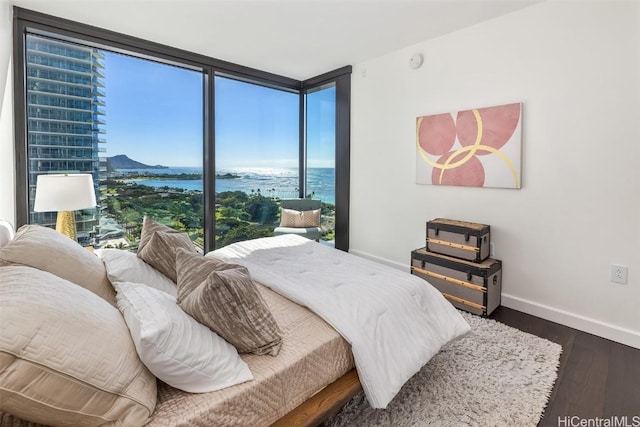 bedroom featuring a wall of windows, dark wood-type flooring, and a water view