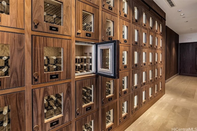 wine area featuring wooden walls