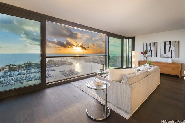 living room featuring dark wood-type flooring, floor to ceiling windows, and a water view