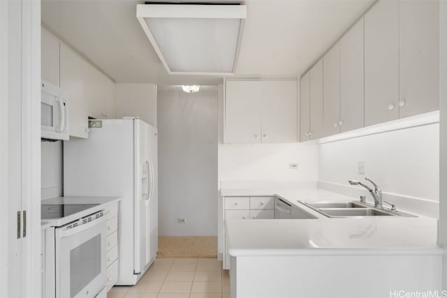 kitchen featuring sink, white cabinets, white appliances, light tile patterned floors, and kitchen peninsula