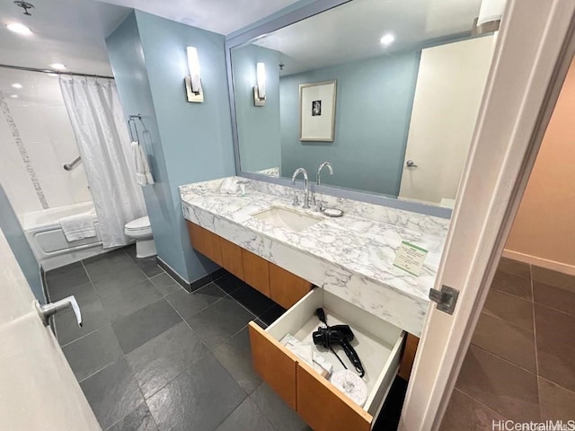 full bathroom with toilet, shower / bath combination with curtain, and vanity