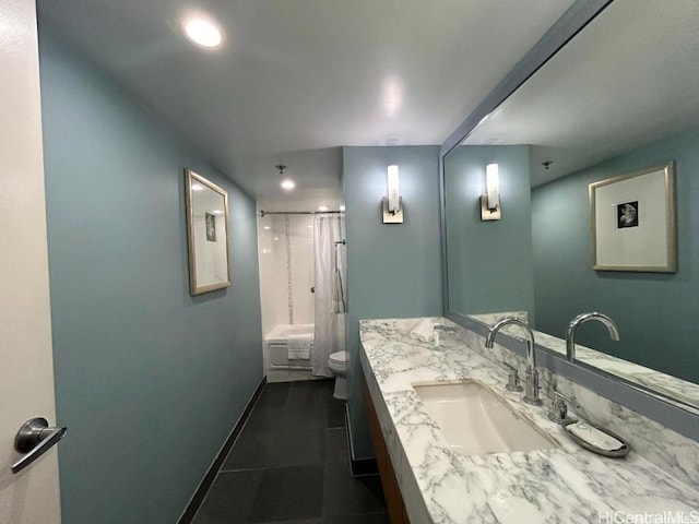 full bathroom featuring toilet, tile patterned flooring, shower / bath combination with curtain, and vanity