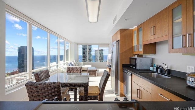 kitchen with a water view, stainless steel appliances, and sink