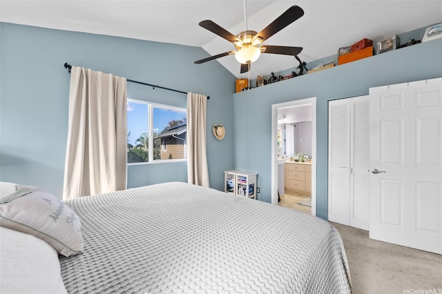 87-1980 Pakeke St Unit J, Waianae, HI 96792 - bedroom featuring carpet flooring, lofted ceiling, ensuite bathroom, a closet, and ceiling fan