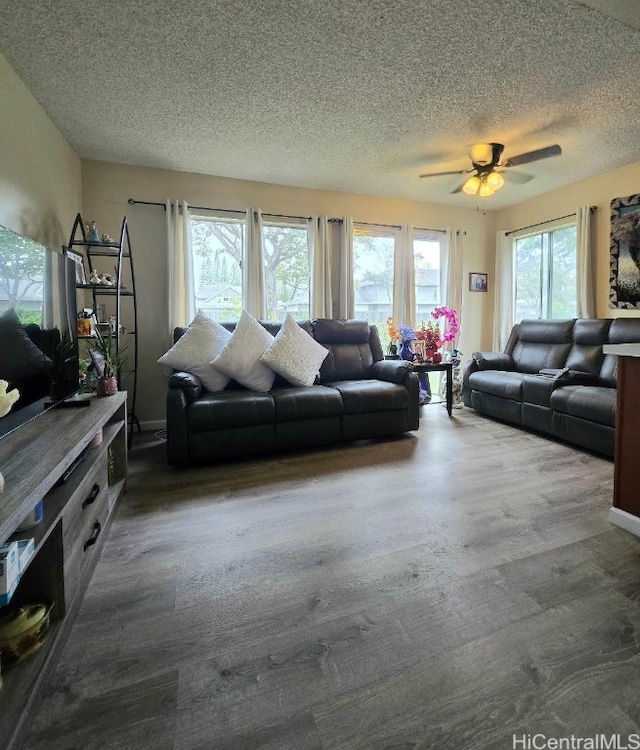 living room featuring ceiling fan and a textured ceiling