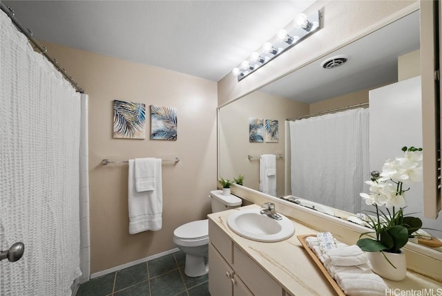 bathroom with toilet, tile patterned floors, and vanity