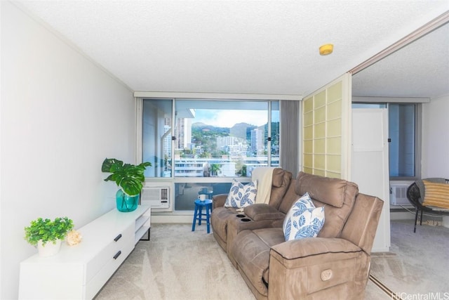 carpeted living room featuring floor to ceiling windows and a textured ceiling