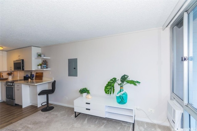 interior space featuring a textured ceiling, appliances with stainless steel finishes, white cabinetry, a wall unit AC, and electric panel