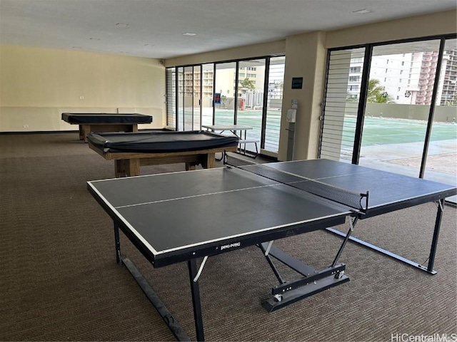 game room with pool table and carpet flooring