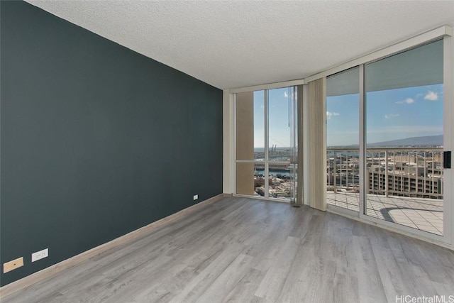 spare room featuring floor to ceiling windows, a textured ceiling, and light hardwood / wood-style floors