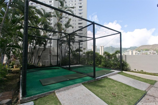 view of sport court featuring a mountain view