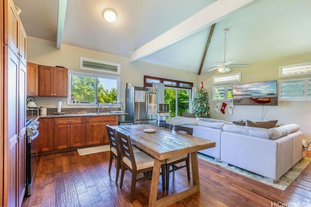 kitchen featuring stainless steel appliances, ceiling fan, a healthy amount of sunlight, dark hardwood / wood-style floors, and beam ceiling