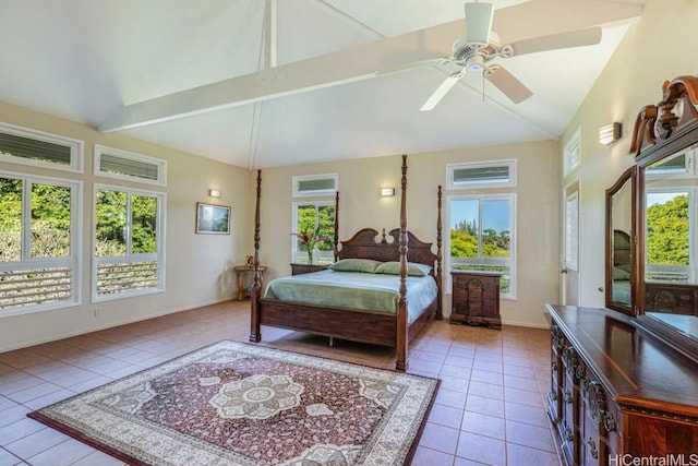 bedroom with high vaulted ceiling, ceiling fan, and light tile patterned floors