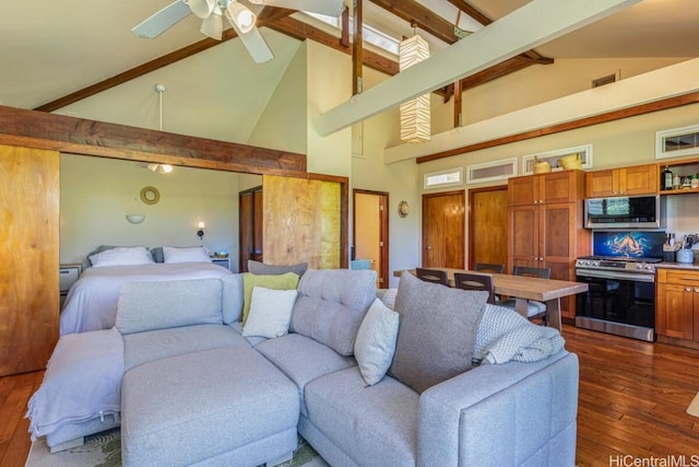 living room featuring ceiling fan, beamed ceiling, high vaulted ceiling, and dark hardwood / wood-style floors