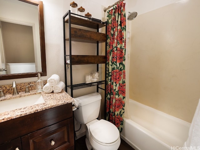 full bathroom with toilet, shower / tub combo, and vanity