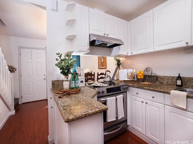 kitchen featuring stainless steel electric range, white cabinetry, dark stone countertops, and dark hardwood / wood-style floors